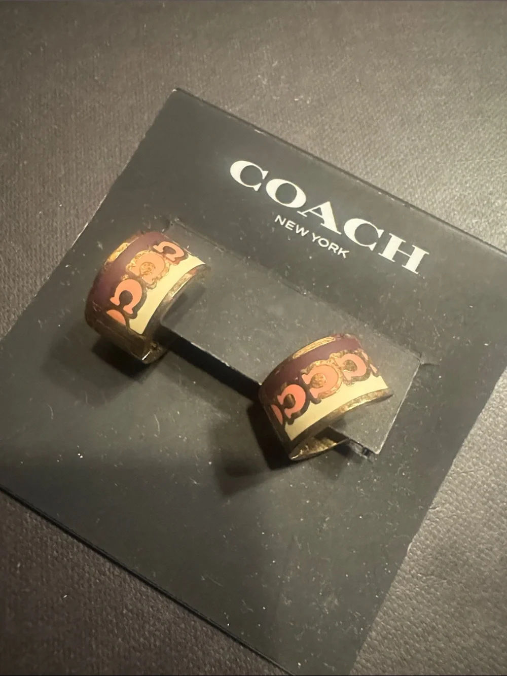 Coach Gold-Tone Hoop Earrings with purple and Pink Logo Band - Picture 4 of 4
